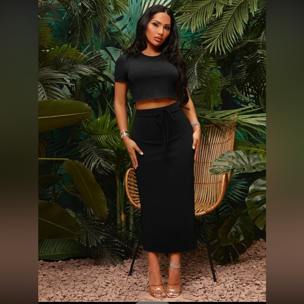 SHEIN Black 2 Piece Crop Top and MIDI Skirt Set Size XS NWT!!!